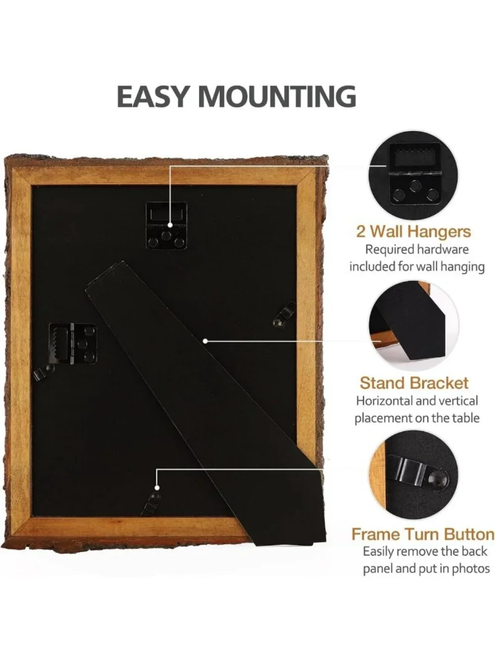 Rustic Brown 8x10 Picture Frame - Solid Wood with Bark Edge & Glass Display